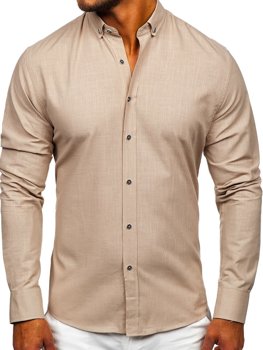 Beżowa bawełniana koszula męska z długim rękawem Bolf 20701