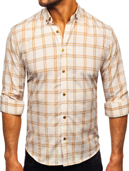 Beżowa koszula męska w kratę z długim rękawem Bolf 22749