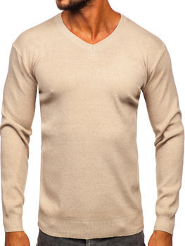 Beżowy sweter męski w serek basic Denley S8530
