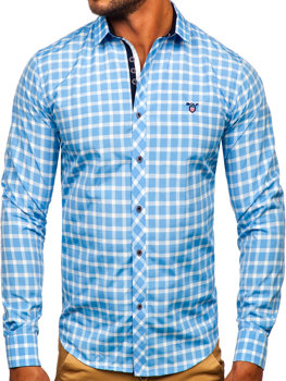Błękitna koszula męska elegancka w kratę z długim rękawem Bolf 4747-1