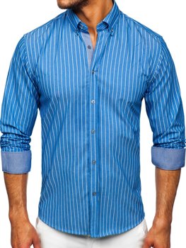 Błękitna koszula męska w paski z długim rękawem Bolf 20731-1