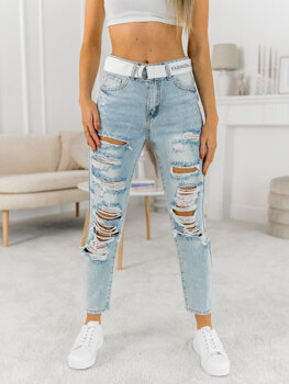 Błękitne spodnie jeansowe damskie z paskiem Denley BS502