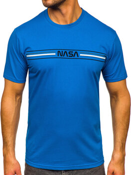 Błękitny bawełniany t-shirt męski z nadrukiem Denley 5052