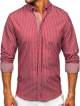 Bordowa koszula męska w paski z długim rękawem Bolf 20731