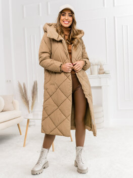 Camelowa długa pikowana kurtka płaszcz damska zimowa z kapturem Denley 5M3173