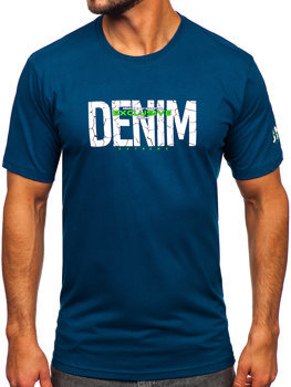 Ciemnoniebieski bawełniany t-shirt męski z nadrukiem Denley 14746