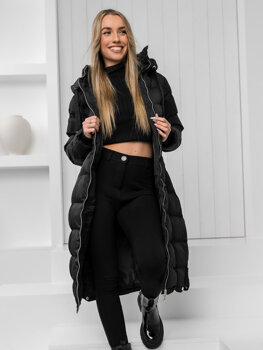 Czarna długa pikowana kurtka płaszcz damska zimowa z kapturem Denley 5M736B