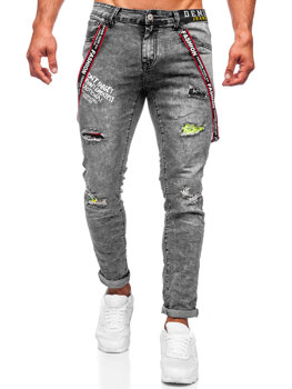 Czarne spodnie jeansowe męskie slim fit z szelkami Denley KX968-C