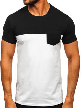 Czarno-biały bez nadruku t-shirt męski z kieszonką Denley 8T91