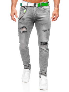 Grafitowe spodnie jeansowe męskie slim fit z paskiem Denley KX953