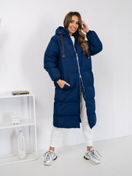 Granatowa długa pikowana kurtka płaszcz damska zimowa z kapturem Denley 5M3163