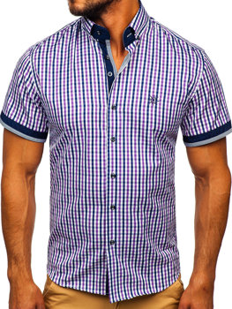 Koszula męska w kratę z krótkim rękawem fioletowa Bolf 4510
