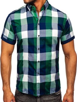 Koszula męska w kratę z krótkim rękawem zielona Bolf 5532