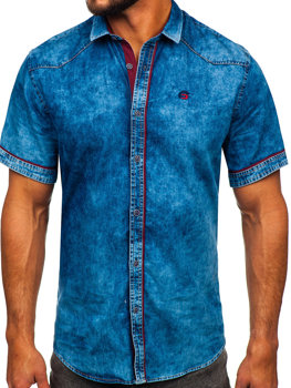 Niebieska koszula męska jeansowa z krótkim rękawem Denley 19640