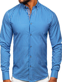 Niebieska koszula męska w paski z długim rękawem Bolf 22730