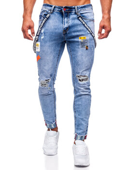Niebieskie spodnie jeansowe męskie slim fit z szelkami Denley KS2102-2