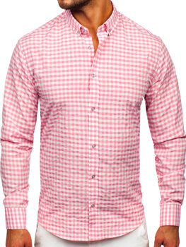 Różowa koszula męska w kratę vichy z długim rękawem Bolf 22747