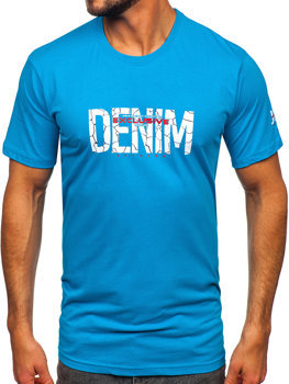 Turkusowy bawełniany t-shirt męski z nadrukiem Denley 14746