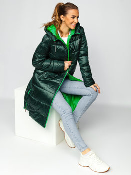 Zielona długa pikowana kurtka damska zimowa z kapturem Denley J9063