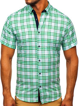 Zielona koszula męska w kratę z krótkim rękawem Bolf 201501