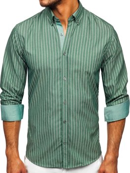 Zielona koszula męska w paski z długim rękawem Bolf 20731-1