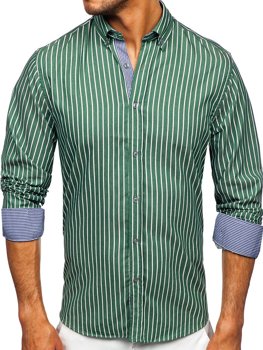 Zielona koszula męska w paski z długim rękawem Bolf 20731