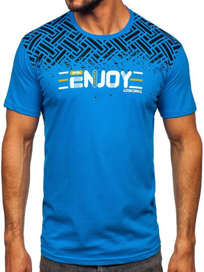 Błękitny bawełniany t-shirt męski z nadrukiem Denley 14720