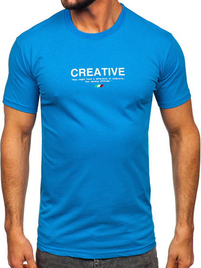Błękitny bawełniany t-shirt męski z nadrukiem Denley 14759