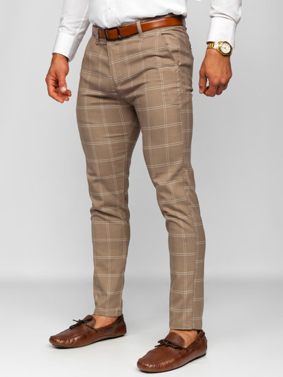 Brązowe spodnie materiałowe chinosy w kratę męskie Denley 0036