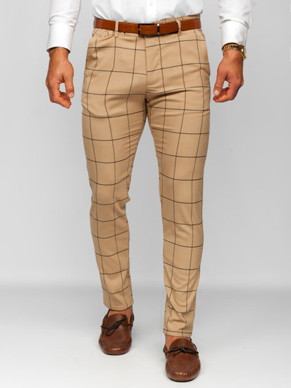 Camelowe spodnie materiałowe chinosy w kratę męskie Denley 0037