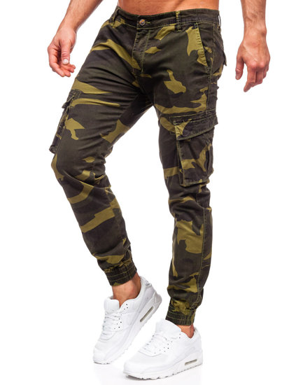Ciemnozielone spodnie jeansowe joggery bojówki męskie moro Denley J686