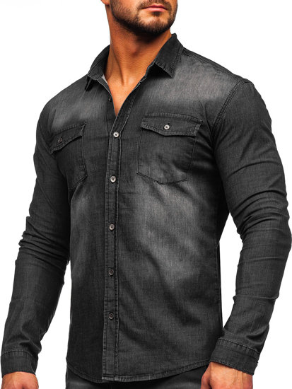 Czarna koszula męska jeansowa z długim rękawem Denley MC7051N