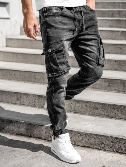 Czarne spodnie jeansowe joggery bojówki męskie Denley K10005-2