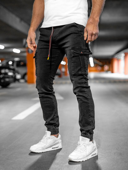 Czarne spodnie jeansowe joggery bojówki męskie Denley TF168