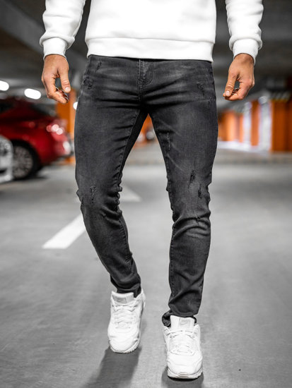Czarne spodnie jeansowe męskie skinny fit z paskiem Denley R61117W1