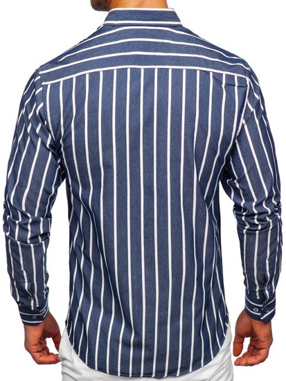 Granatowa koszula męska w paski z długim rękawem Bolf 20730