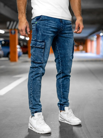 Granatowo-zielone spodnie jeansowe joggery bojówki męskie Denley HY1028