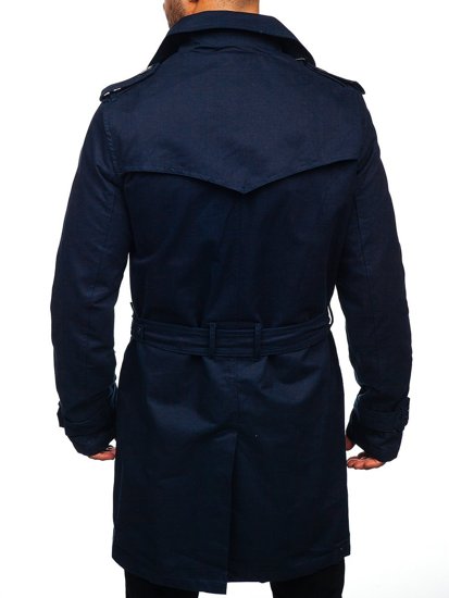 Granatowy dwurzędowy płaszcz męski prochowiec z wysokim kołnierzem i paskiem Denley 5569