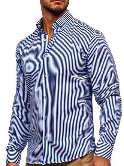 Kobaltowa koszula męska w paski z długim rękawem Bolf 20726