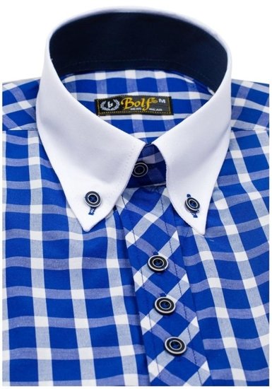 Koszula męska elegancka w kratę z krótkim rękawem chabrowa Bolf 5531