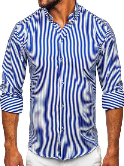 Niebieska koszula męska w paski z długim rękawem Bolf 22731