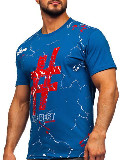 Niebieski bawełniany t-shirt męski z nadrukiem Denley 14728