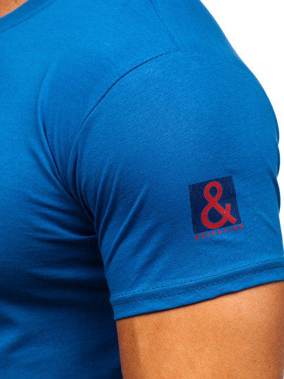 Niebieski bawełniany t-shirt męski z nadrukiem Denley 14736