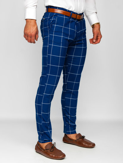 Niebieskie spodnie materiałowe chinosy w kratę męskie Denley 0037