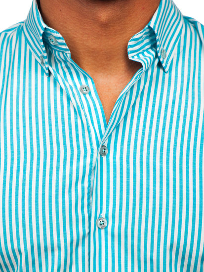 Turkusowa koszula męska w paski z długim rękawem Bolf 22731