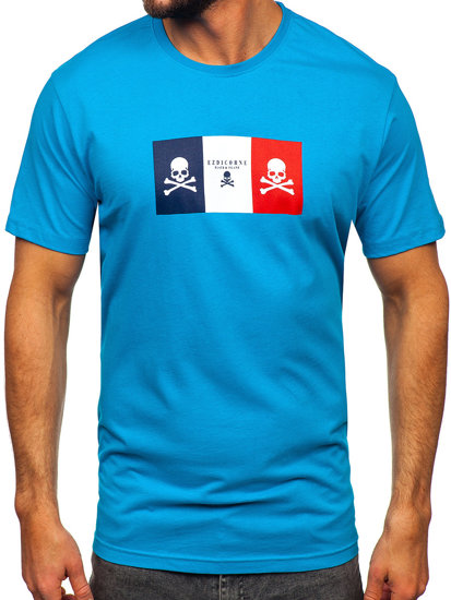 Turkusowy bawełniany t-shirt męski z nadrukiem Denley 14784