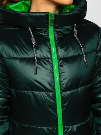 Zielona długa pikowana kurtka damska zimowa z kapturem Denley J9063