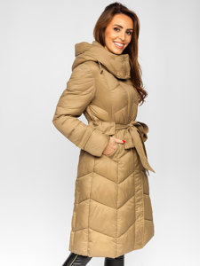 Beżowa długa pikowana kurtka damska zimowa z kapturem Denley P6611