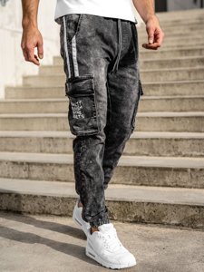 Czarne spodnie jeansowe joggery bojówki męskie Denley TF054