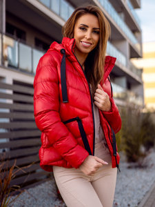Czerwona pikowana kurtka damska zimowa z kapturem Denley 23066